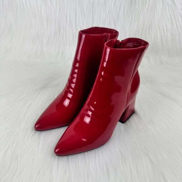Women's Bamboo Red Faux Patent Leather Chunky Block Heel Ankle Bootie - Picture 4 of 11